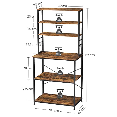 VASAGLE Küchenregal, Standregal mit Ablagen, mit 6 Haken und Metallrahmen, Industrie-Design, für Mikrowelle, Kochutensilien, 80 x 40 x 167 cm, vintagebraun-schwarz KKS019B01