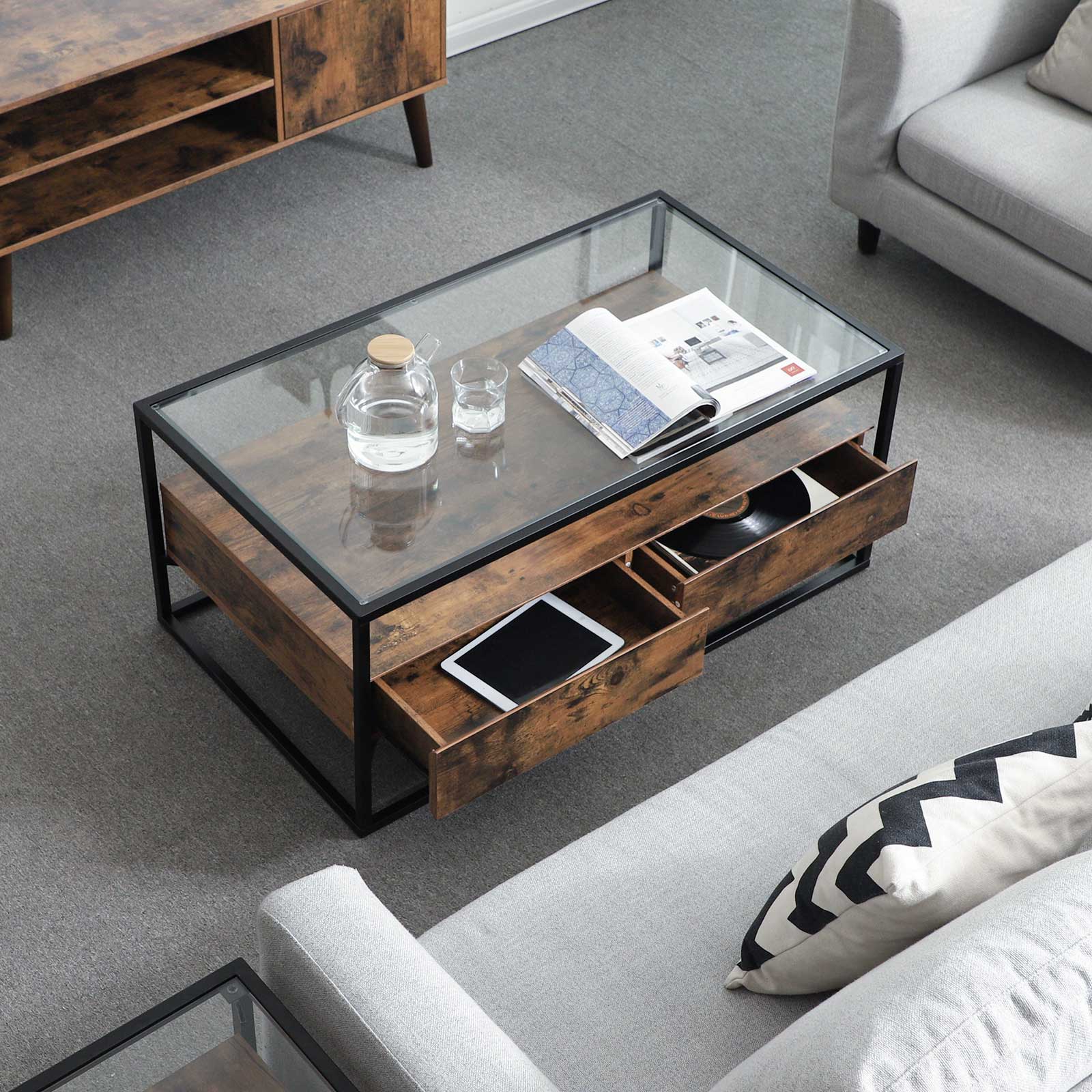 Industrie-Design Couchtisch Glas